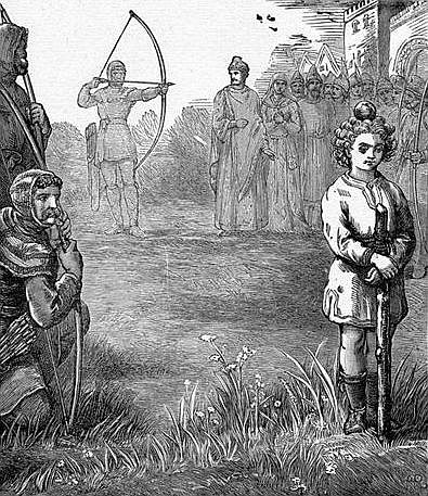 CLOUDSEY SHOOTS AN APPLE FROM THE HEAD OF HIS SON° CLOUDSEY SHOOTS AN APPLE FROM THE HEAD OF HIS SON°