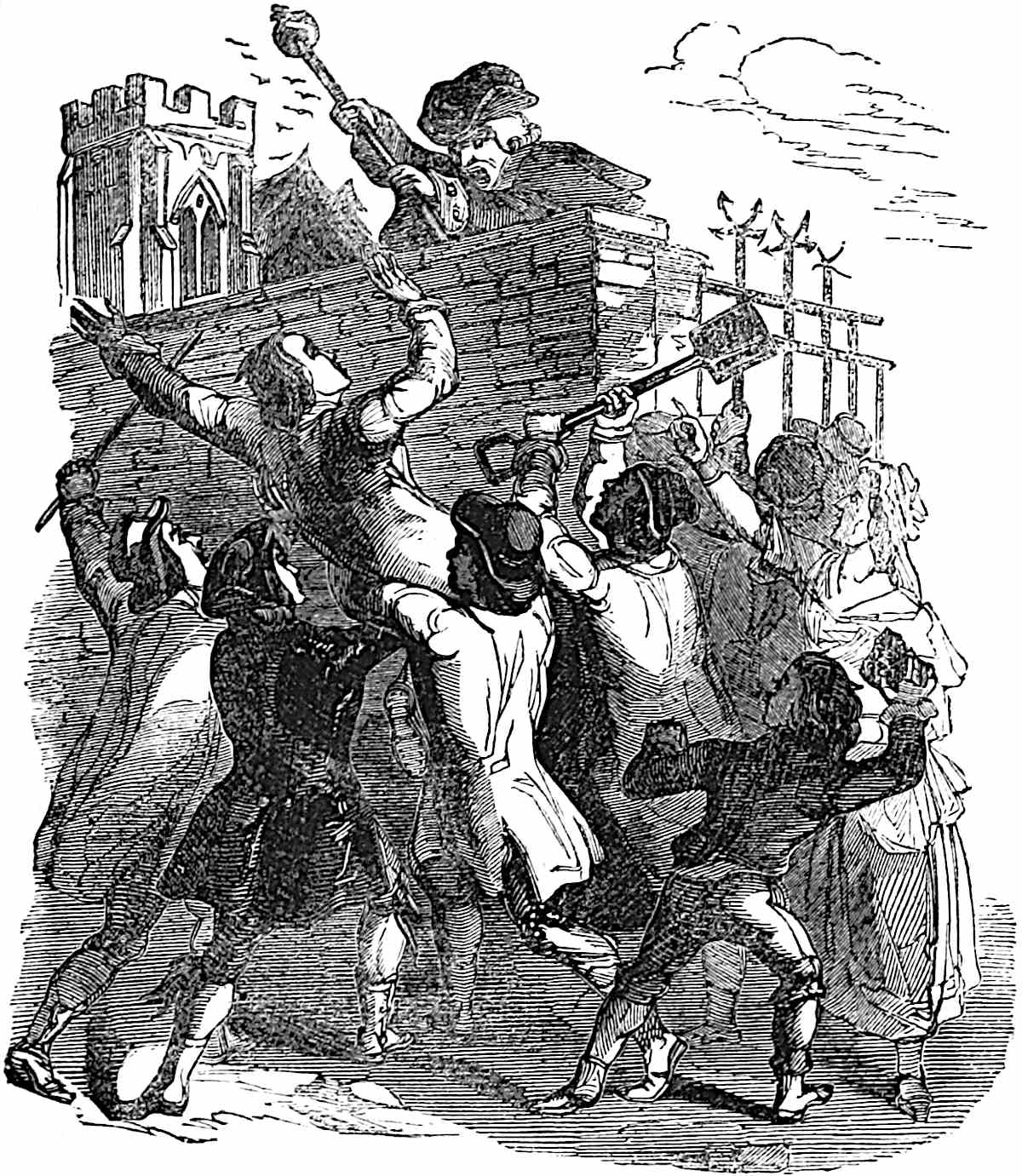The beadle gallantly defends the churchyard from the     mob.
