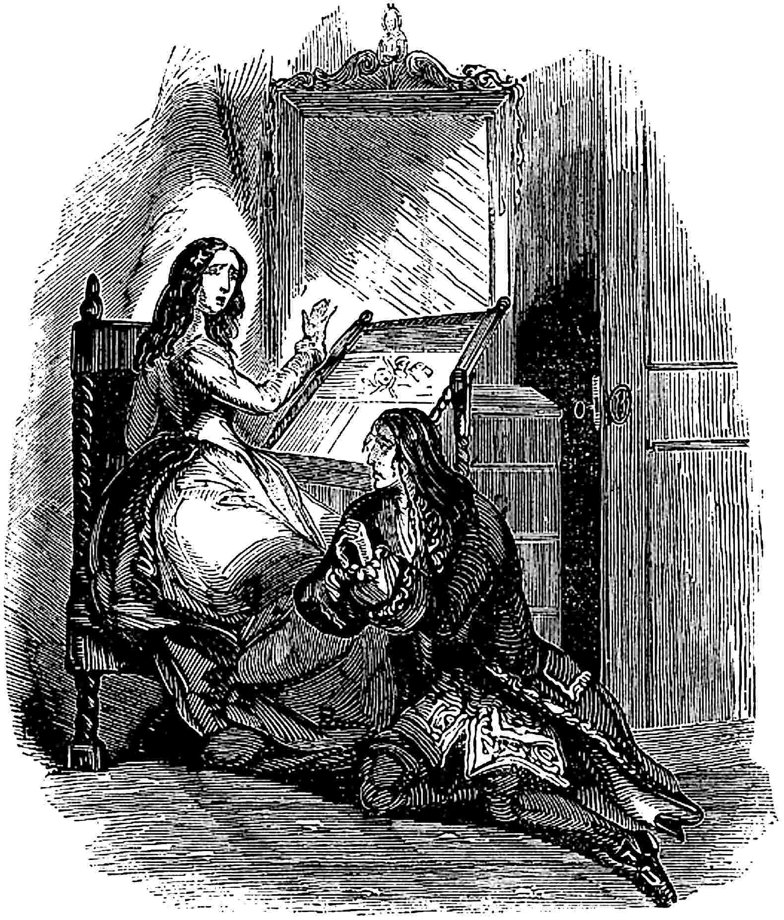 Varney kneels at the feet of Flora Bannerworth after his escape from the mob