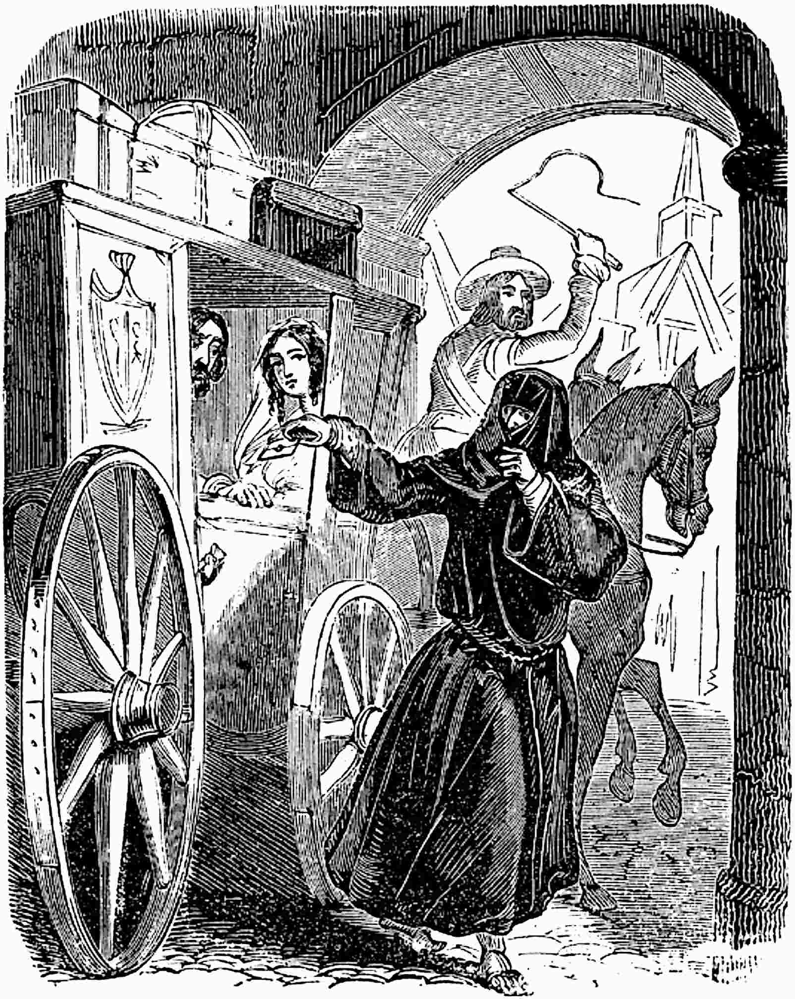 A cowled monk thrusts a letter into the     hands of Oriana in the carriage
