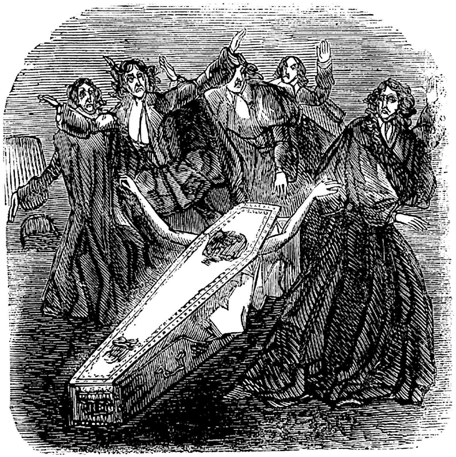 The corpse’s arms grasp at the     earth around its coffin, as the vampyres watch