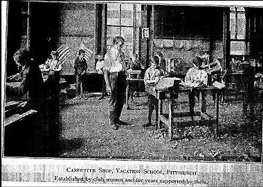 CARPENTER SHOP, VACATION SCHOOL, PITTSBURGH. Established by club women and for years supported by them. CARPENTER SHOP, VACATION SCHOOL, PITTSBURGH. Established by club women and for years supported by them.