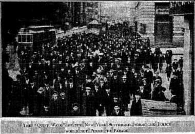 THE "QUIET WALK" OF THE NEW YORK SUFFRAGISTS, WHOM THE POLICE WOULD NOT PERMIT TO PARADE THE "QUIET WALK" OF THE NEW YORK SUFFRAGISTS, WHOM THE POLICE WOULD NOT PERMIT TO PARADE