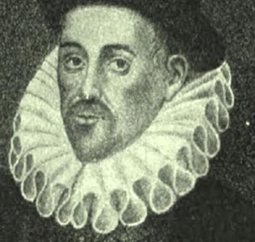 A black-and-white engraved portrait of a man from an earlier era, shown from the shoulders up. He has short hair, a thin mustache, and a small beard. He wears a large, ruffled collar, with a calm, direct expression.