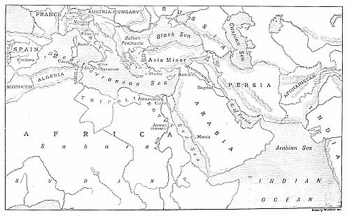 A vintage black-and-white map spanning from Spain and Morocco in the west to Afghanistan and India in the east, showing the Mediterranean, Black Sea, Arabia, Persia, and North Africa, with key cities marked.