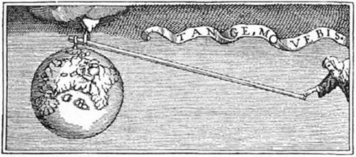 A vintage engraving of a figure using a long lever to move a globe, illustrating Archimedes' boast. A banner reads TANGE, MOVEBIS — Latin for Touch it, and you will move it.