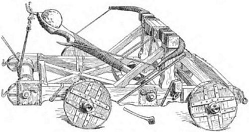 A vintage engraving of a catapult (or ballista) — a wheeled wooden siege engine with a curved throwing arm and a projectile, used in ancient and medieval warfare.