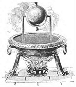A vintage engraving of Hero's aeolipile — an ancient steam-powered reaction turbine: a metal sphere mounted on a cauldron of boiling water, spinning from jets of escaping steam. The earliest known steam engine.