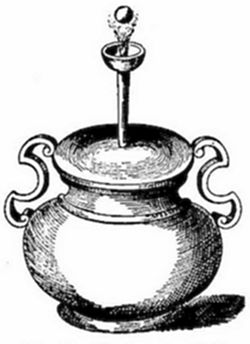 A vintage engraving of Hero's fountain or a pneumatic vessel — a sealed urn with a vertical tube and ball valve on top, demonstrating air and water pressure principles described by Hero of Alexandria.