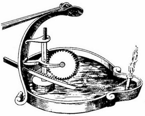 A vintage engraving of Hero's wind-powered organ — a toothed wheel driven by a windmill-like mechanism connected to bellows, forcing air through a pipe to produce sound. An early example of wind-powered machinery.