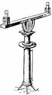 A vintage engraving of a surveying instrument — a rotating horizontal beam on a vertical pedestal with a tripod base, likely a early form of a dioptra or levelling device, attributed to Hero of Alexandria.