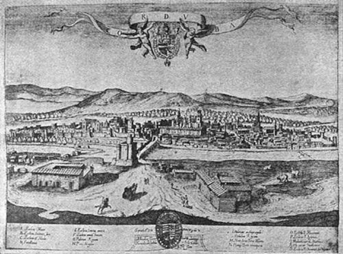 A vintage engraving of a panoramic city view labelled CORDVA (Córdoba, Spain), with a banner, coat of arms, mountains behind, and a key listing landmarks below — likely from a 16th or 17th-century atlas such as Braun & Hogenberg's Civitates Orbis Terrarum.