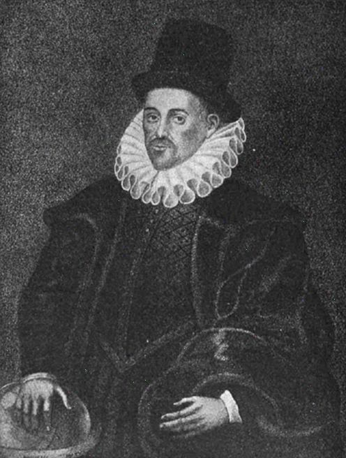 A black-and-white engraved portrait of a man from an earlier era, shown from the shoulders up. He has short hair, a thin mustache, and a small beard. He wears a large, ruffled collar, with a calm, direct expression.
