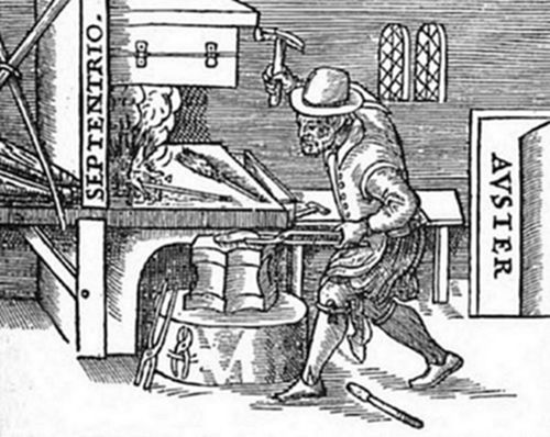 A vintage woodcut of a craftsman working at a forge or assay furnace, hammer raised, with labels SEPTENTRIO (North) and AUSTER (South) on either side — likely illustrating magnetic or metallurgical experiments from an early scientific text, possibly William Gilbert's De Magnete (1600).