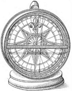 A vintage engraving of an ornate compass mounted on a decorative pedestal, with a detailed rose and fleur-de-lis marking North — a fine scientific or navigational instrument of the 16th or 17th century.