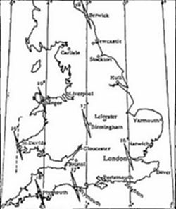 Map of England and Wales with vertical lines showing magnetic declination zones, marking degrees of compass variation across regions — a geomagnetic survey illustration.