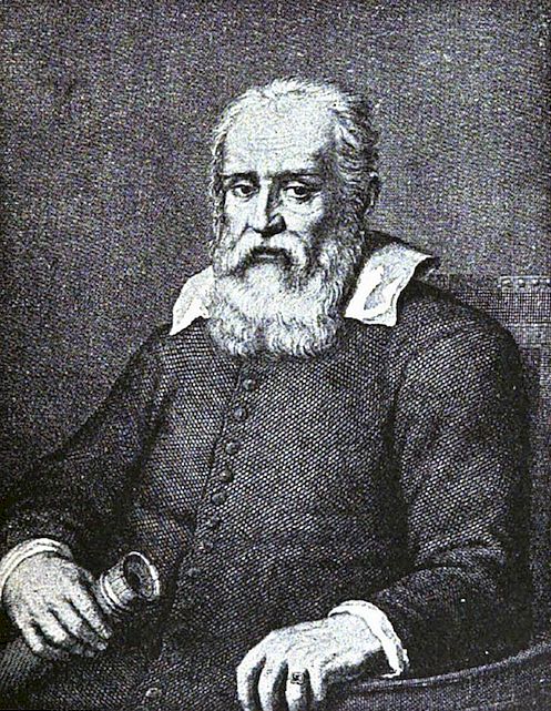 A vintage engraved portrait of an elderly bearded man in 17th-century dress, holding what appears to be a small cylindrical object — likely a telescope — consistent with portraits of Galileo Galilei.