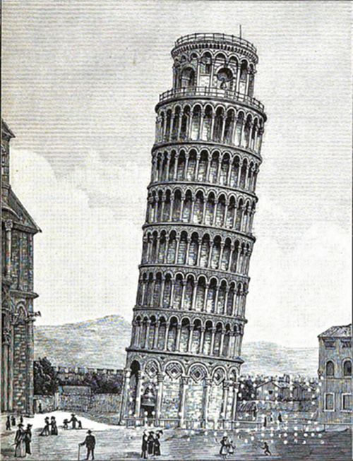 A vintage engraving of the Leaning Tower of Pisa, showing its characteristic tilt, arched galleries, and marble façade, with figures strolling below, famous as the site of Galileo's gravity experiments.