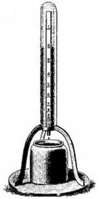 A vintage engraving of an early thermometer — a graduated tube rising from a bell-shaped liquid reservoir on a base, consistent with Galileo's early thermoscope design.