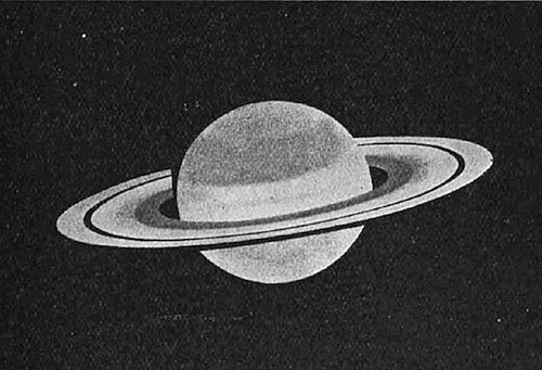 A photograph or engraving of Saturn, showing its distinctive ring system against a dark sky — one of the earliest telescopic observations that puzzled Galileo, later explained by Huygens in 1655.