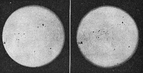Two photographs of the Sun showing sunspots — dark patches visible on the solar disc — taken at different times to show their movement, as first systematically observed by Galileo.