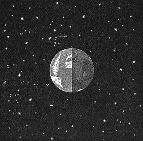 An engraving of the Moon at half-phase against a star-filled sky, showing surface detail — mountains and craters — as first described by Galileo in his Sidereus Nuncius (1610).