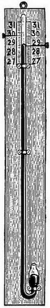 An engraving of an early siphon barometer — a U-shaped mercury tube mounted on a wooden board with graduated scales on both sides, reading approximately 27–31 inches of mercury atmospheric pressure.
