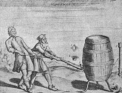 An engraving labelled ICONISMUS V, showing two men operating a large syringe or air pump connected to a barrel — illustrating Otto von Guericke's vacuum experiments with an air pump, from his Experimenta Nova (1672).