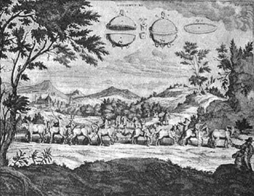 An engraving of Otto von Guericke's Magdeburg hemispheres experiment — two teams of horses straining to pull apart evacuated bronze hemispheres (shown in diagrams above) — dramatically demonstrating the force of atmospheric pressure, performed before Emperor Ferdinand III in 1654.