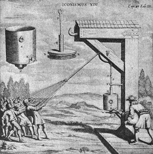 An engraving labelled ICONISMUS XIV showing another of Otto von Guericke's vacuum experiments — men pulling ropes attached to a piston inside a large cylinder suspended from a gantry, demonstrating the enormous force of atmospheric pressure against a vacuum.