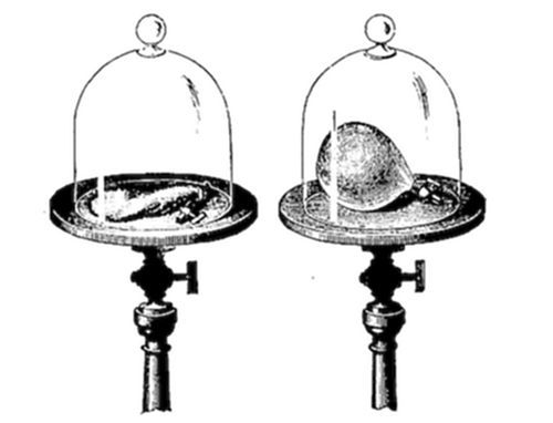 A glass bell jar on a pump plate with a small animal (likely a bird or mouse) inside, illustrating Boyle's classic experiment demonstrating that life cannot be sustained in a vacuum.