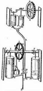 An early mechanical engine with cylinders, gear wheels, connecting rods, and valves — likely an early steam or atmospheric engine design, possibly by Denis Papin or a contemporary, illustrating the transition from pneumatic experiments to practical steam power.