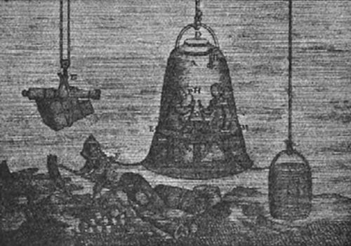 A Halley's diving bell — a large bell-shaped vessel submerged underwater with divers inside, supplied with air from weighted barrels lowered alongside — Edmund Halley's 1691 design for extended underwater work.