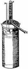 A Papin's steam digester — a sealed cylindrical pressure vessel with a safety valve tube on top and a side handle — the precursor to the pressure cooker and an early step toward steam engine development, invented by Denis Papin around 1679.