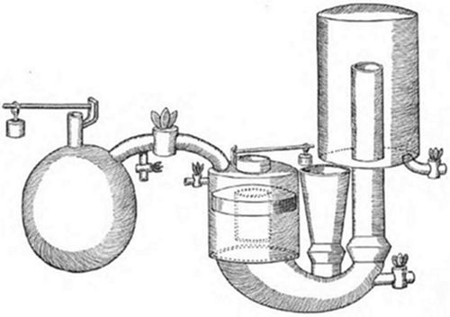 A Savery's steam pump — an early steam engine with a boiler, condensing vessel, and pipes with valves — the first practical steam-powered water-raising device, patented by Thomas Savery in 1698.