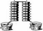 Volta's electric pile — stacked discs of alternating metals forming two columns connected to bowls of electrolyte solution — the first electric battery, invented by Alessandro Volta in 1800.