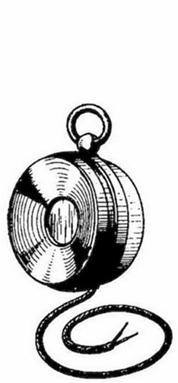 An early portable telephone receiver — a flat circular disc with a hanging ring and trailing wire — a compact version of Bell's telephone design from the late 1870s.