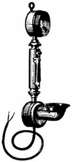 An early wall-mounted telephone handset — a combined transmitter and receiver on a decorative stem with a cord — a transitional design from the late 1870s–80s bridging Bell's first instruments and the candlestick telephone.