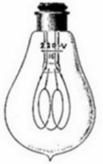 A 220-volt incandescent light bulb — a pear-shaped glass envelope with a looped filament inside and a bayonet cap base — a later standardised lamp design.