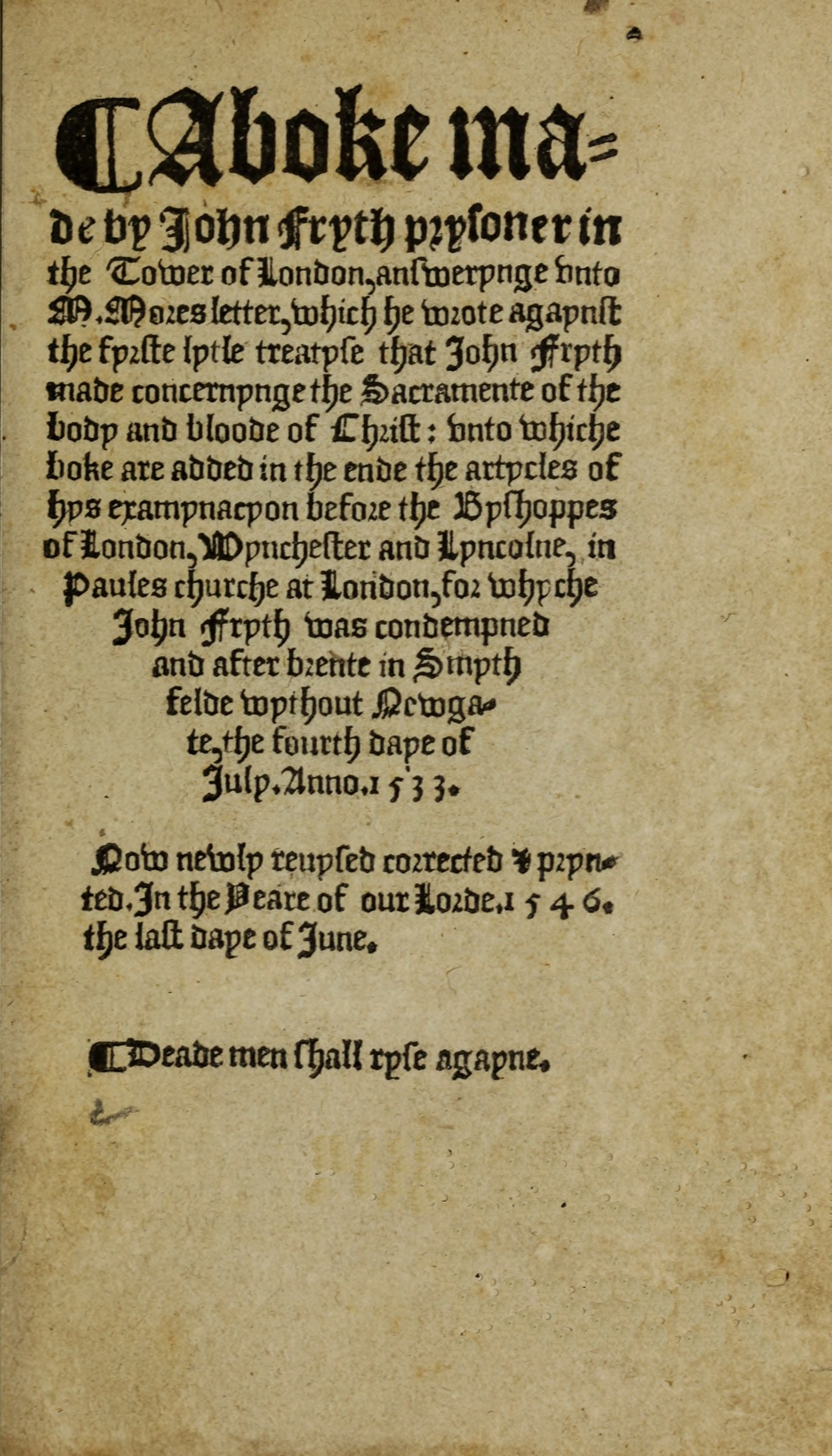 A boke made by John Fryth, prysoner in the Tower of London