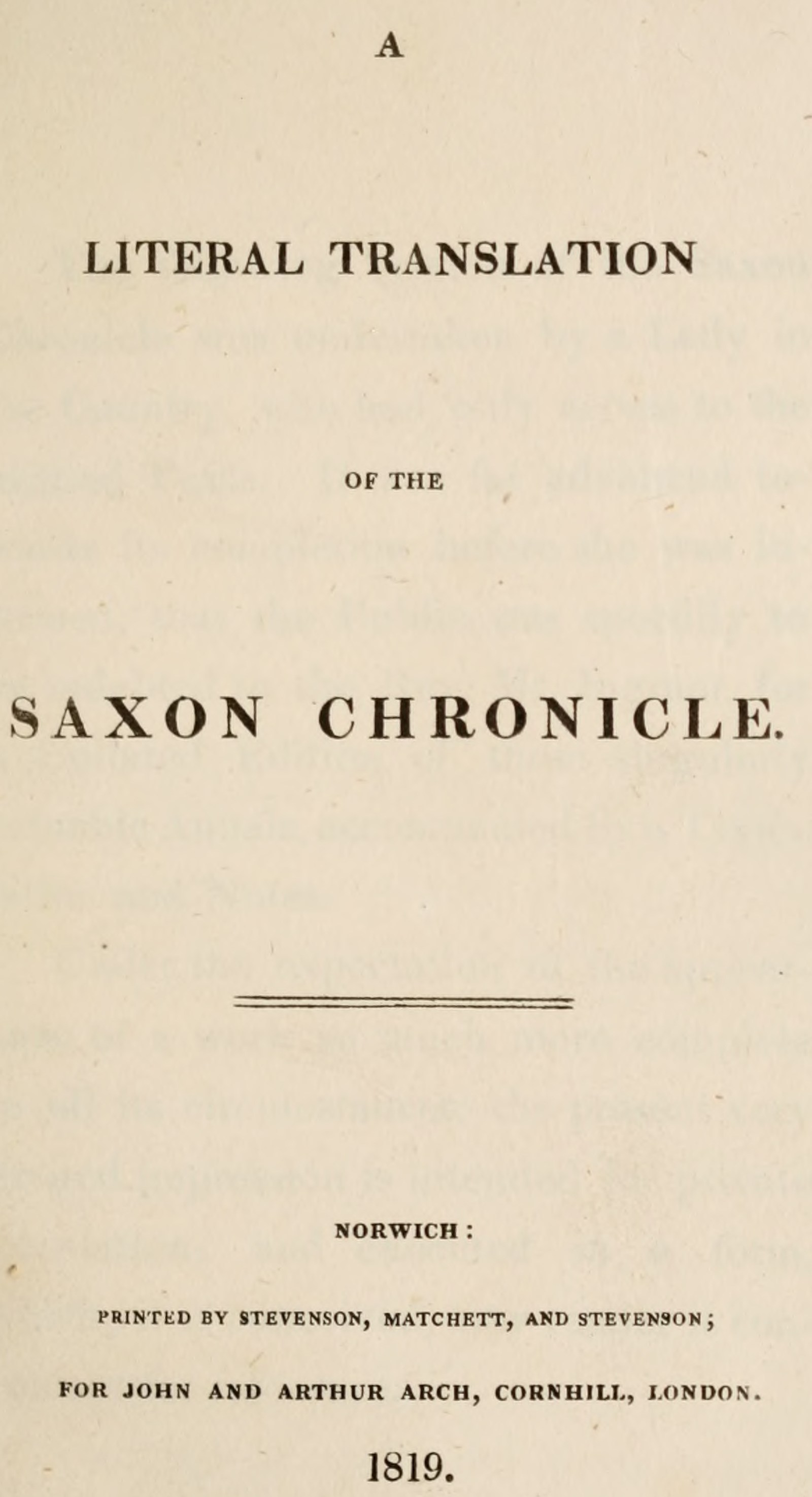 A Literal Translation of the Saxon Chronicle