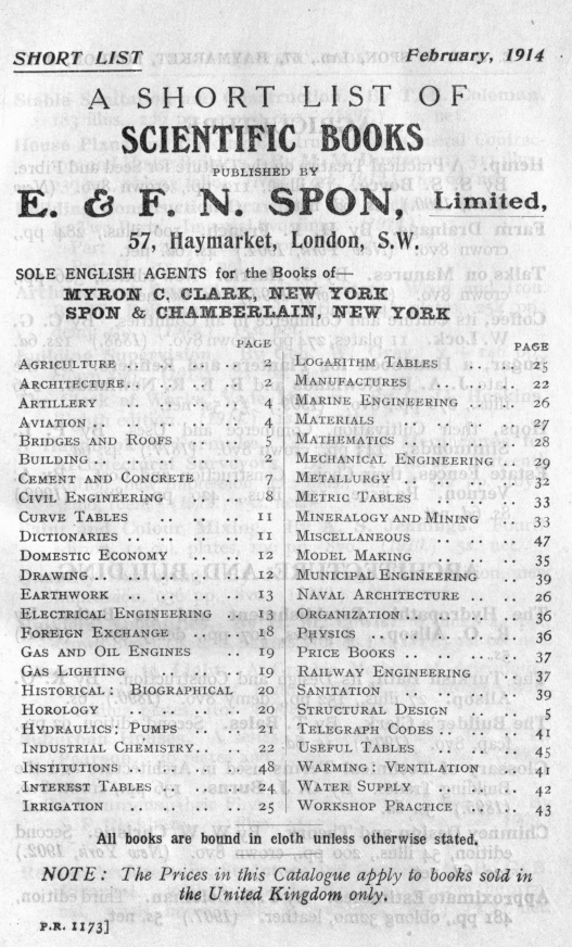 A Short List of Scientific Books by E. & F. N. Spon, February 1914