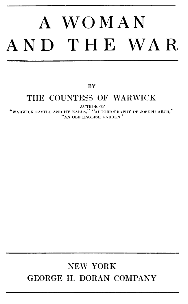 A Woman and the War, by Frances Evelyn Maynard Greville, Countess of Warwick