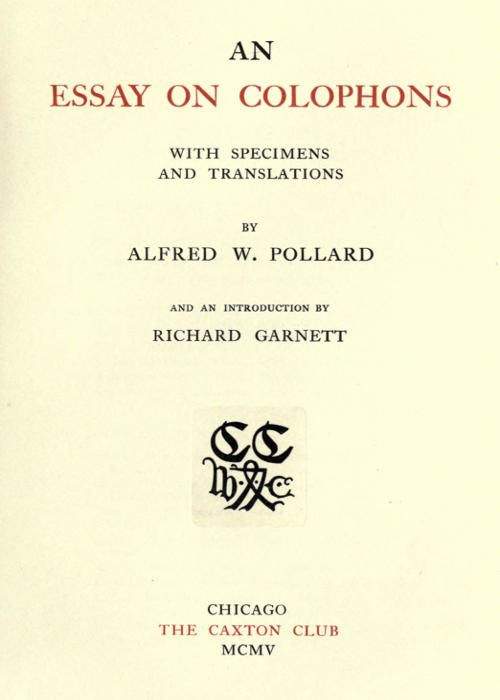 An Essay on Colophons with specimens and translations