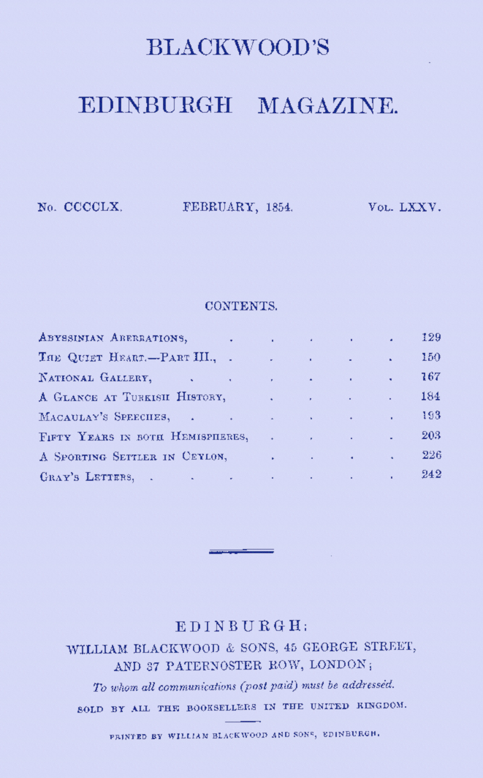 Blackwood’s Edinburgh Magazine. No. CCCCLX. February, 1854. Vol. LXXV