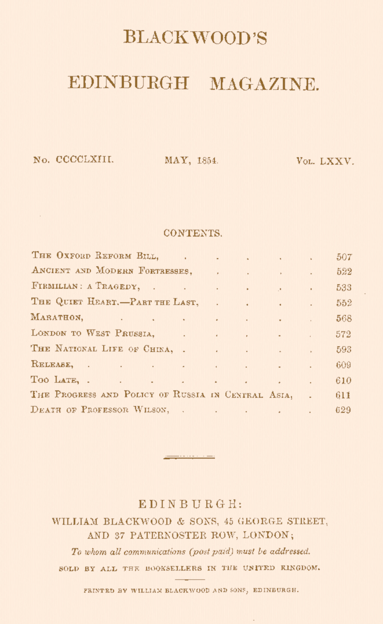 Blackwood’s Edinburgh Magazine. No. CCCCLXIII. May, 1854. Vol. LXXV