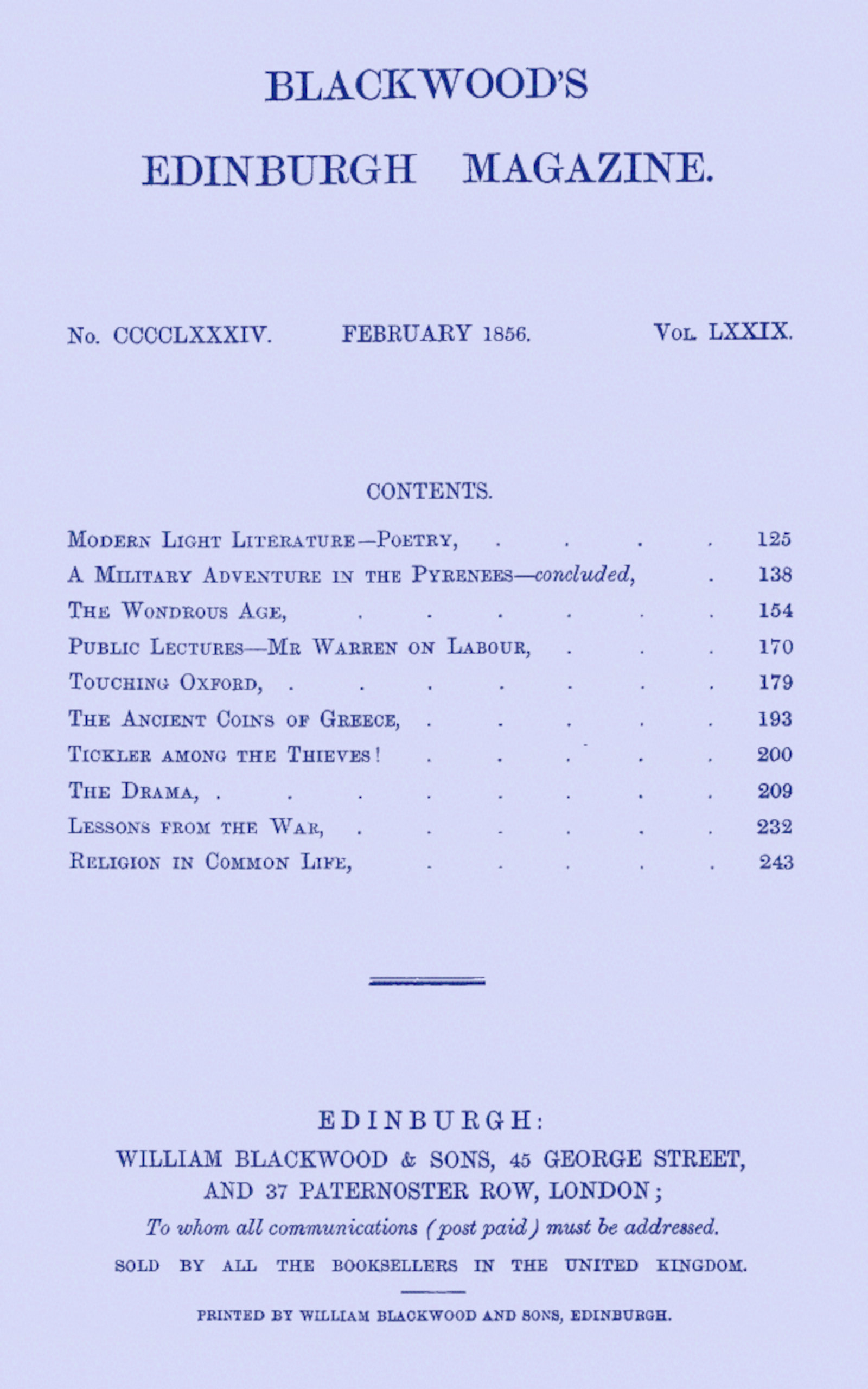 Blackwood’s Edinburgh Magazine. No. CCCCLXXXIV. February 1856. Vol. LXXIX