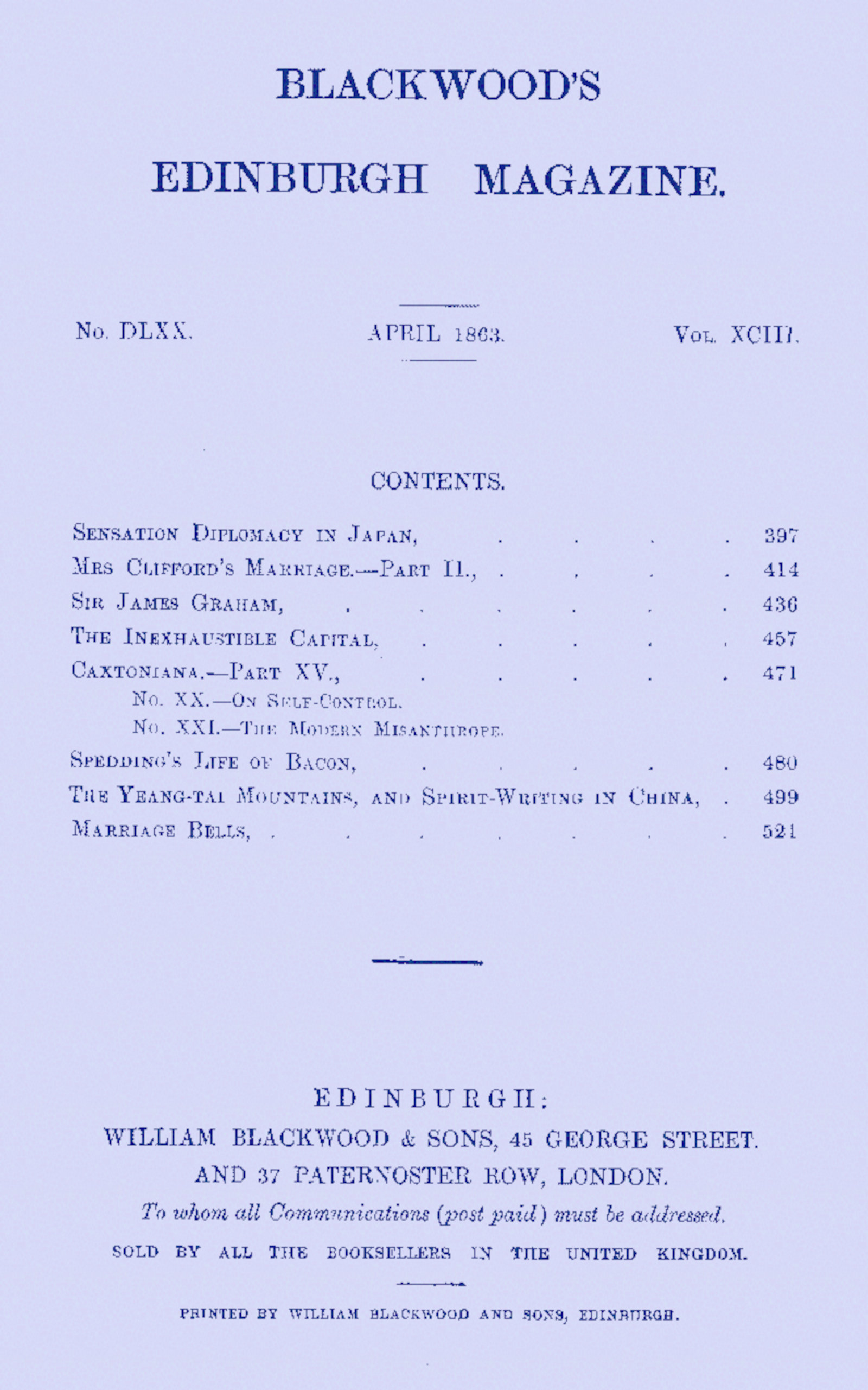 Blackwood’s Edinburgh Magazine. No. DLXX. April 1863. Vol. XCIII