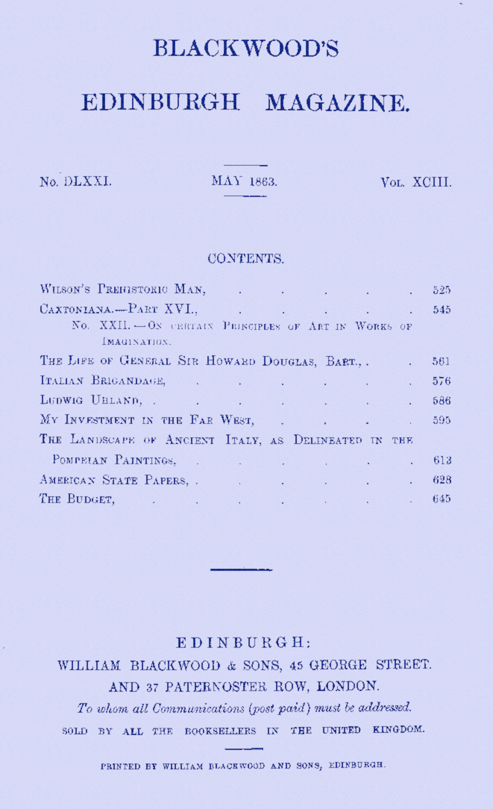 Blackwood’s Edinburgh Magazine. No. DLXXI. May 1863. Vol. XCIII