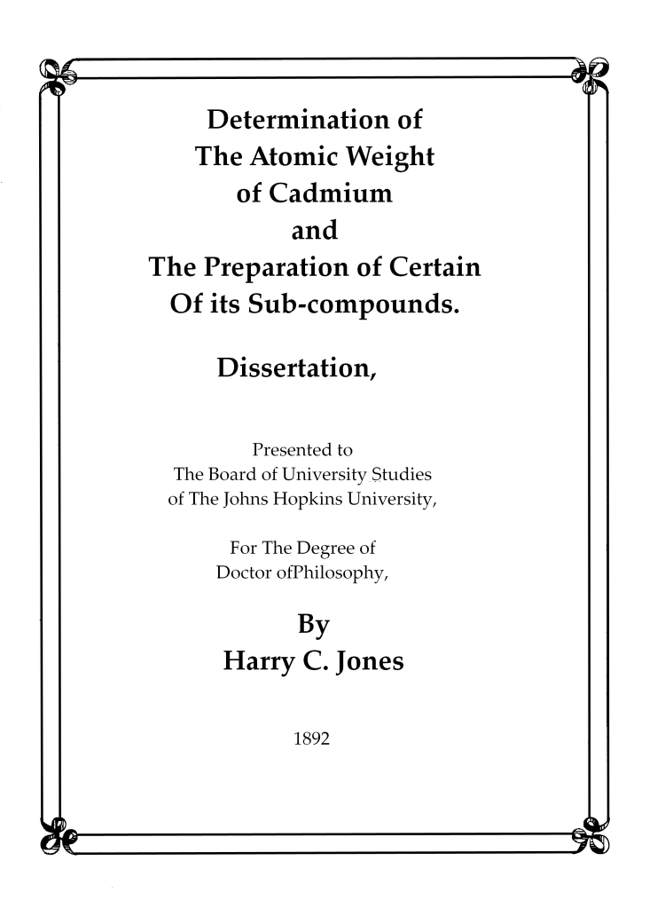 Determination of the Atomic Weight of Cadmium and the Preparation of Certain of Its Sub-compounds